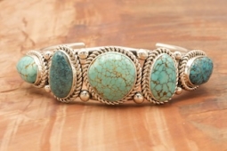 5 Genuine Number 8 Mine Turquoise Stones Sterling Silver Bracelet